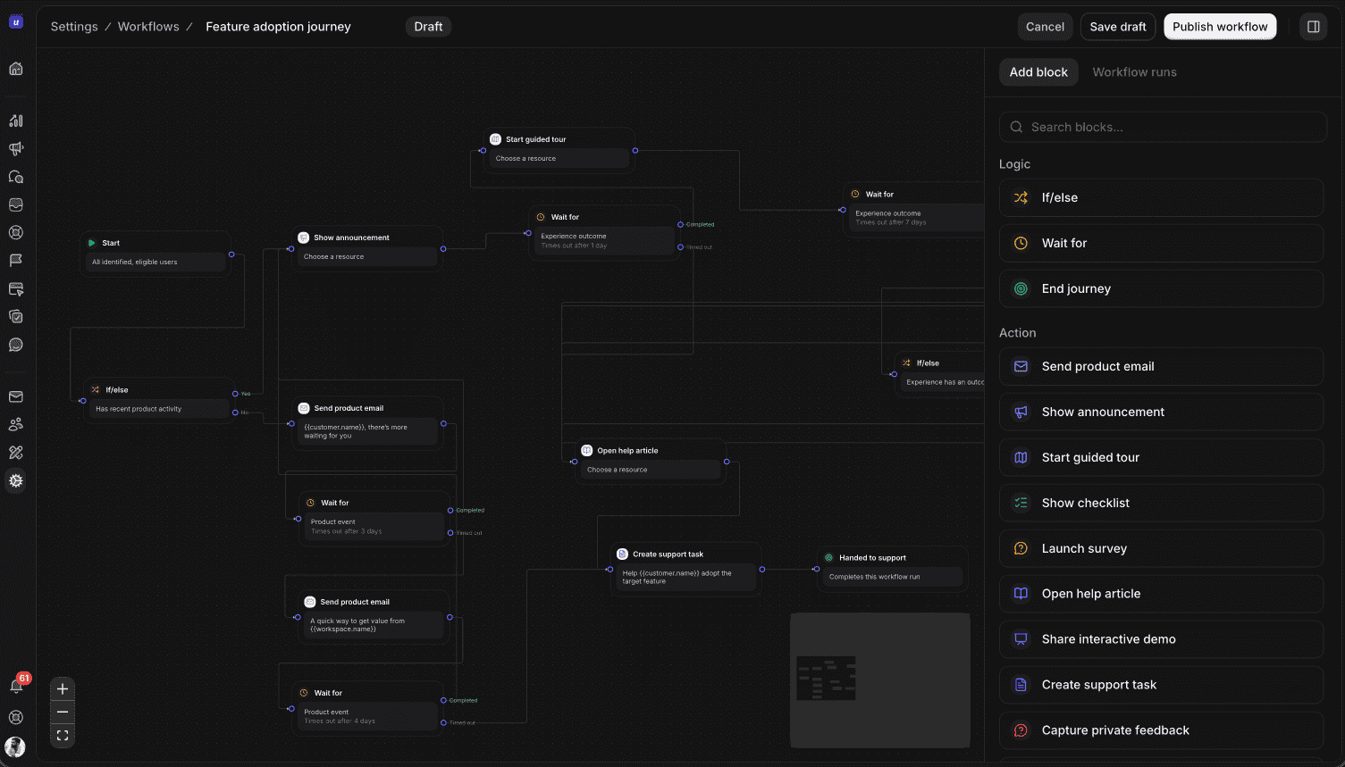 Feature adoption journey builder with branching paths, product email, guided tour, announcement, and support actions