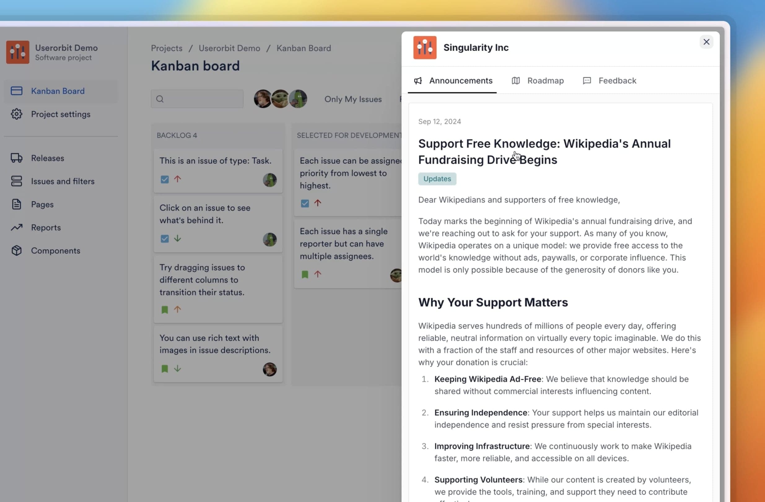 Beacon interface showing in-product announcements