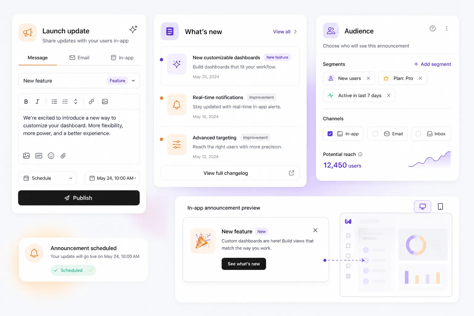 Illustration of announcements, changelog updates, email, and audience targeting