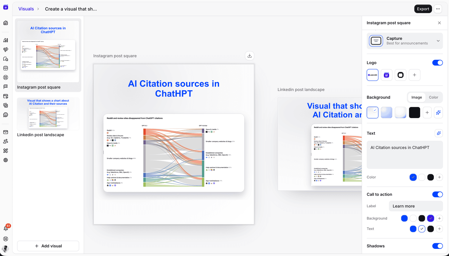 AI Visuals editor with Instagram square and LinkedIn landscape campaign designs, brand controls, text, and export options
