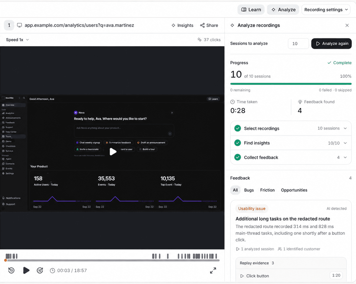 AI replay agent analyzes anonymized sessions and presents findings with replay evidence