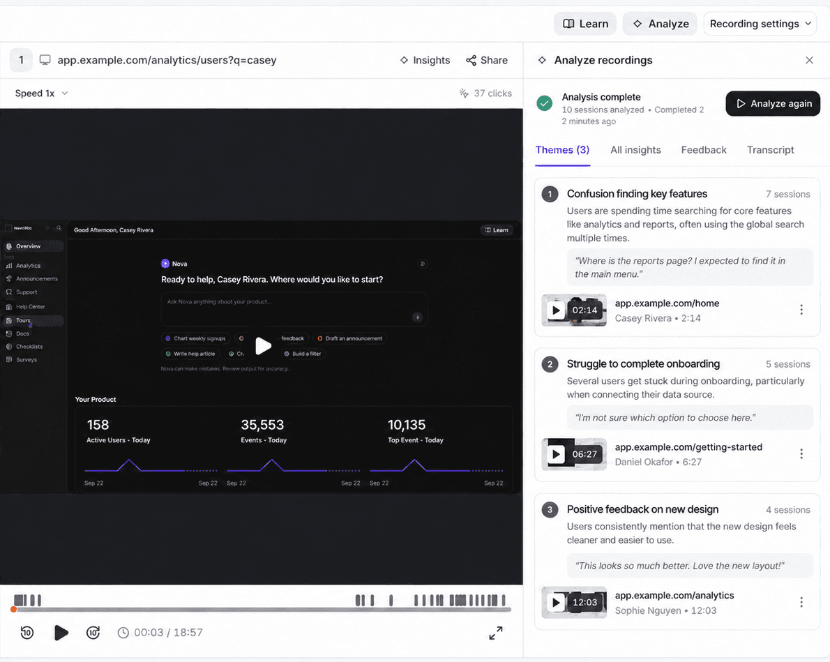 Review recurring themes and source evidence from session analysis in the Userorbit session replay interface