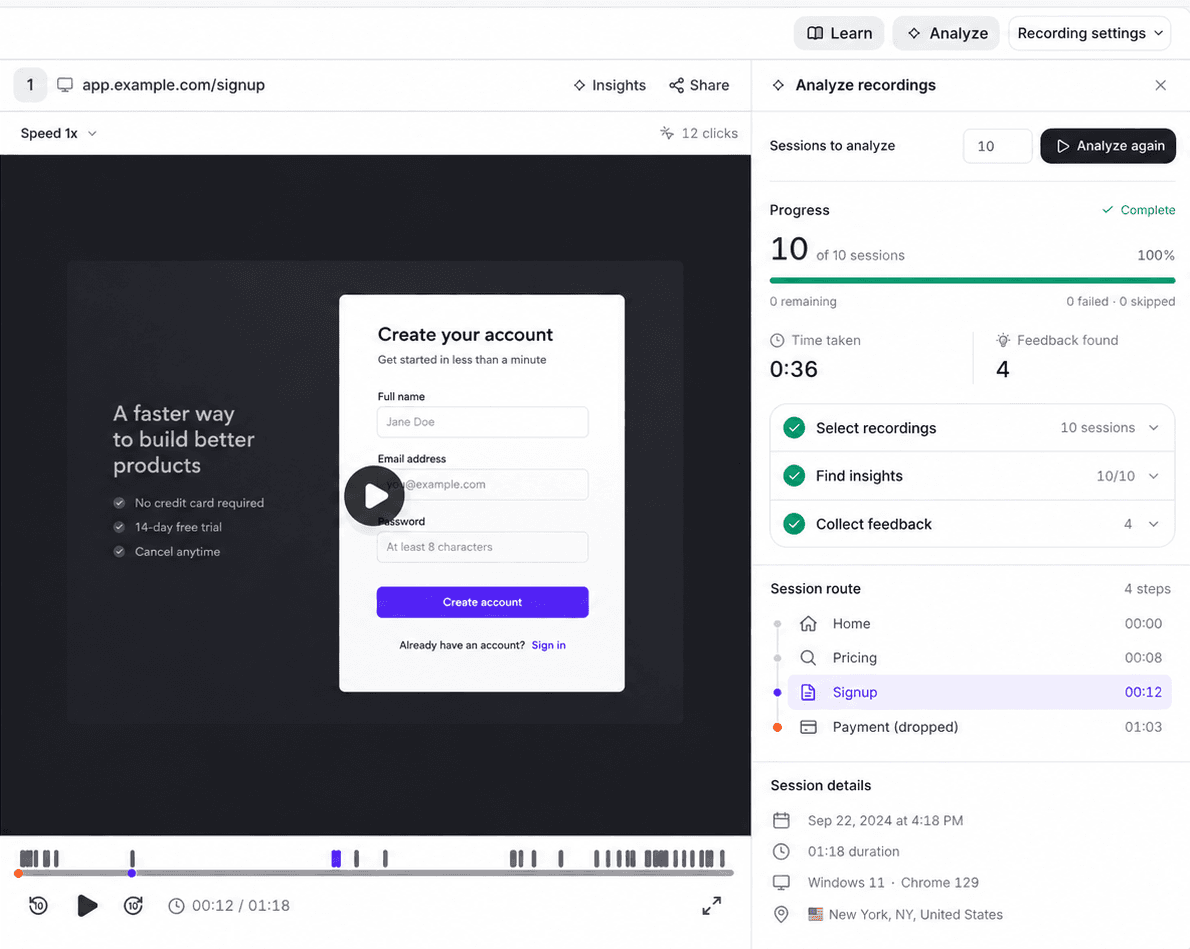 Find matching sessions with a signup drop-off filter in the Userorbit session replay interface