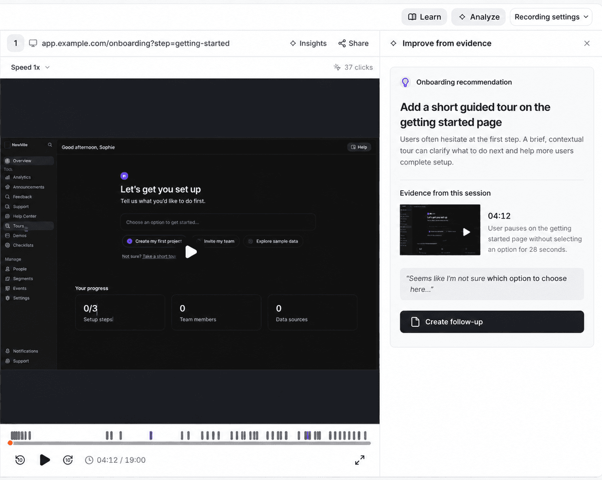 Connect replay evidence to a practical onboarding improvement in the Userorbit session replay interface
