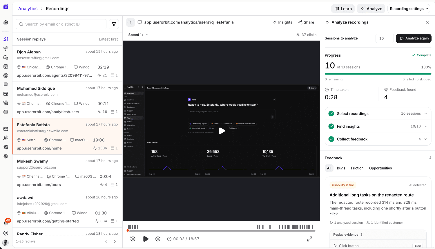 Session replay workspace showing the session list, replay player, and AI analysis panel