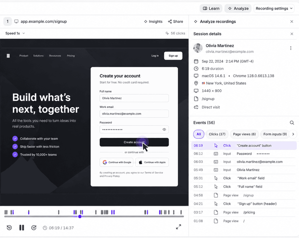 Watch an anonymized session with its replay timeline in the Userorbit session replay interface