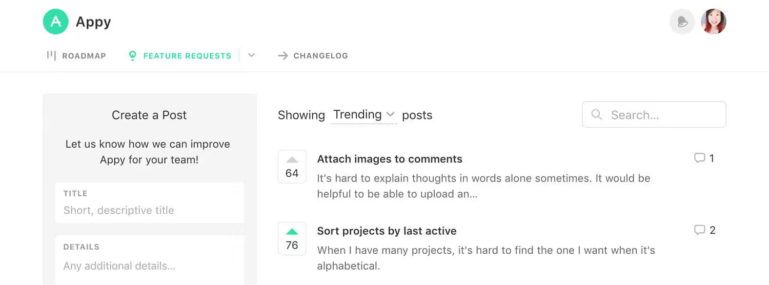 Canny customer feedback portal with feature requests, voting, search, and a new-post form