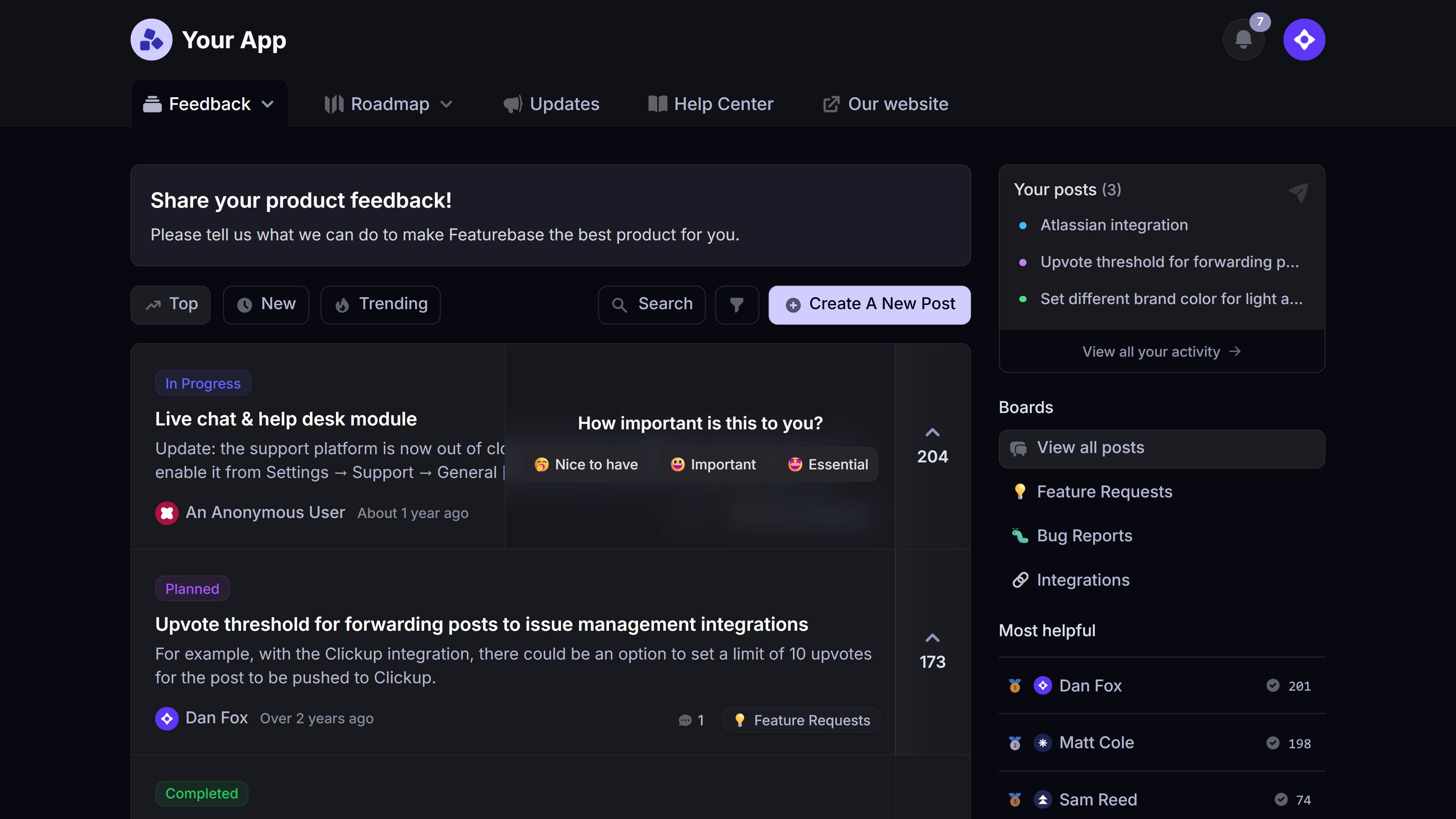 Featurebase customer feedback portal with request statuses, importance scoring, boards, and voting