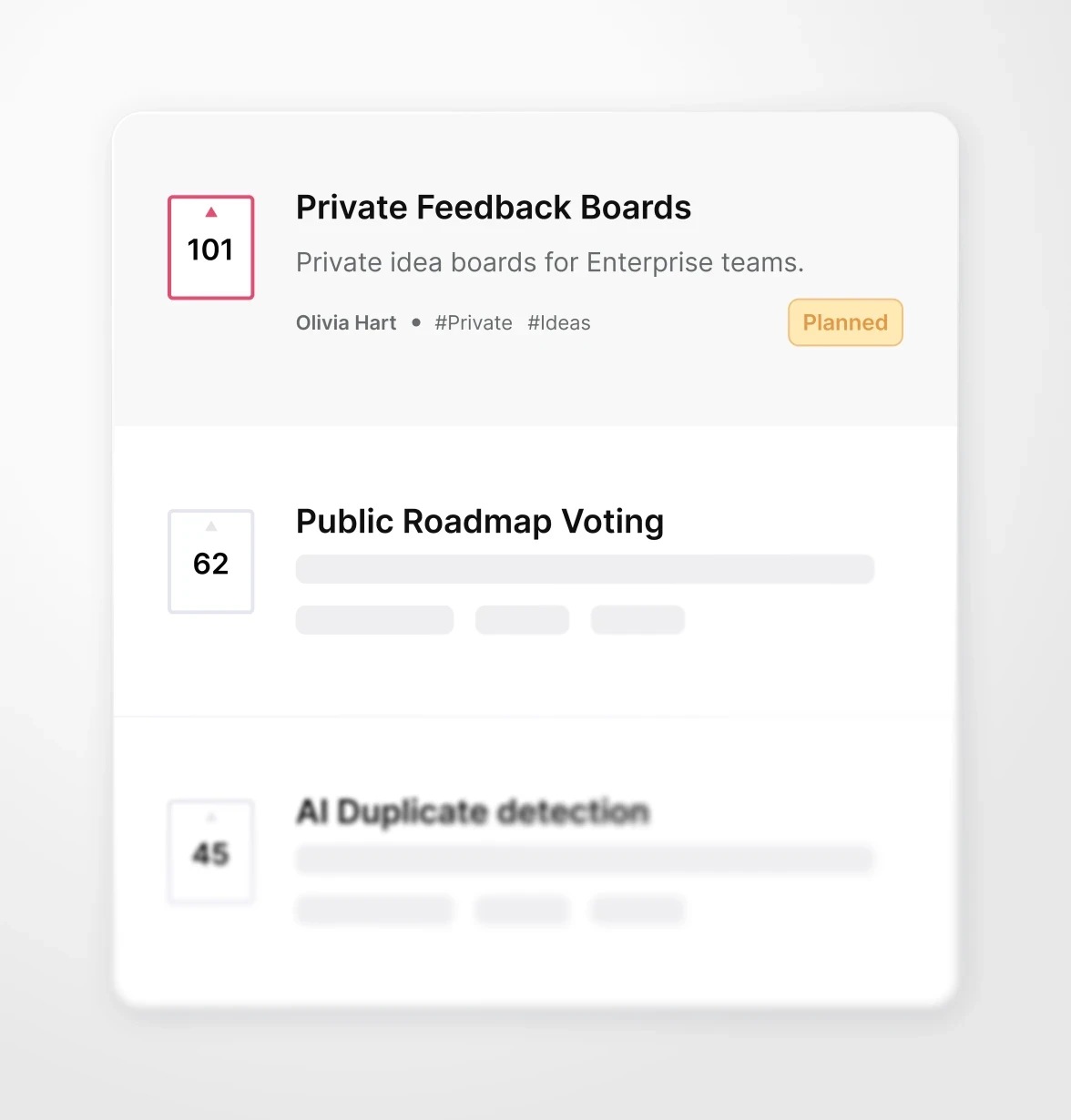Frill customer feedback board showing private ideas, voting totals, statuses, and duplicate detection