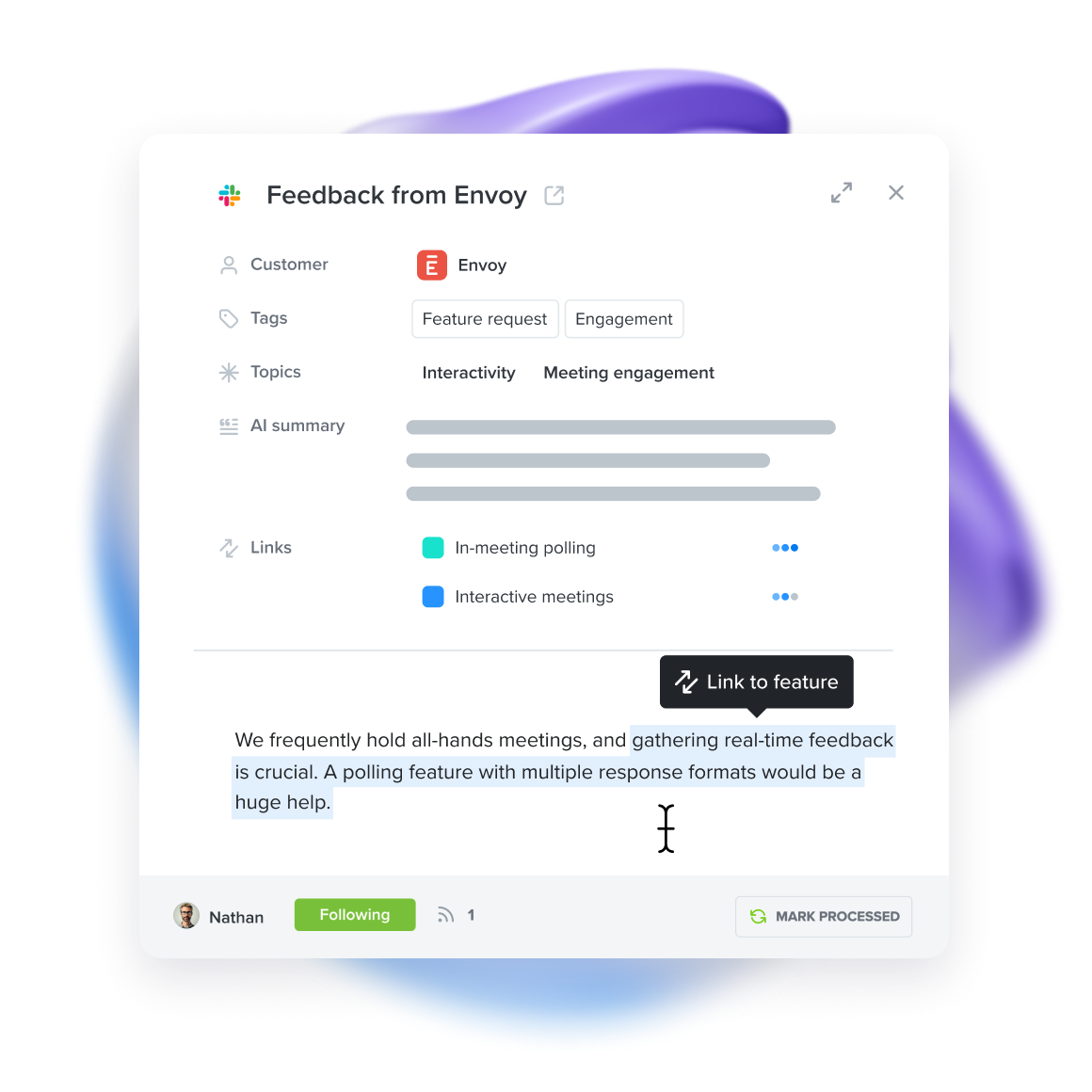 Productboard customer insight linked from a feedback note to related feature ideas