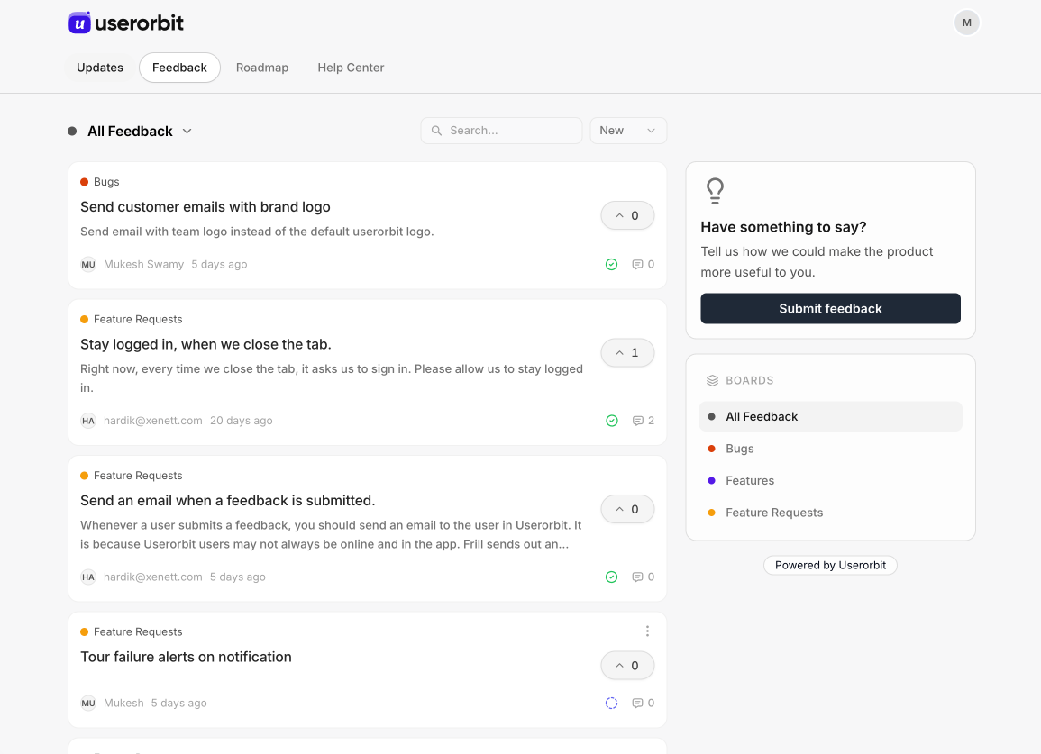 Userorbit public feedback portal with request boards, voting, search, and submission controls