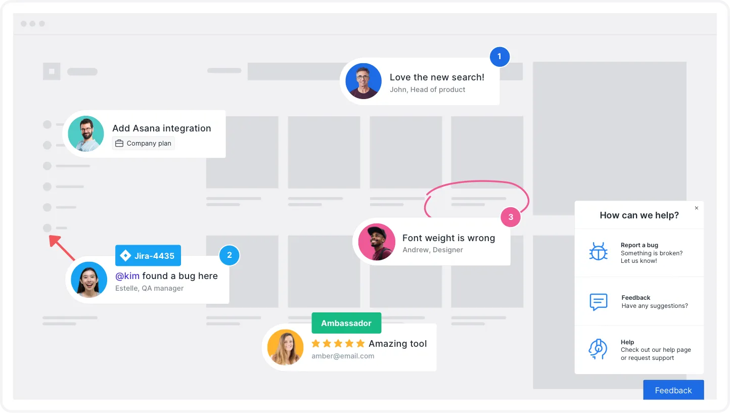 Usersnap visual feedback interface with annotated page issues, comments, a bug report, and a feedback widget