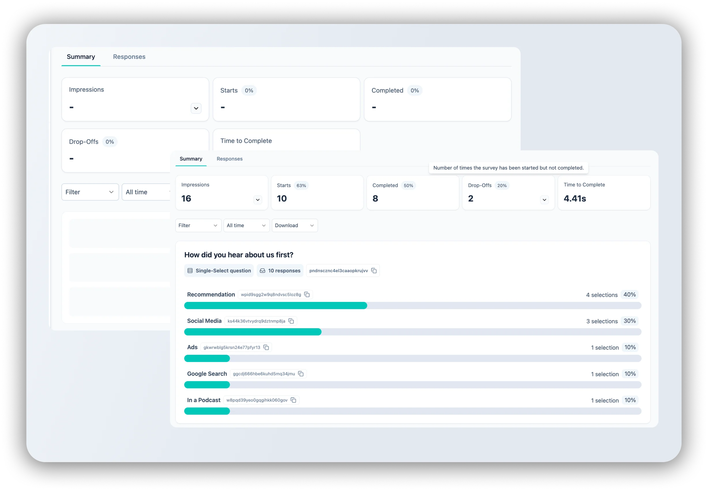 Formbricks dashboard showing survey completion and response results