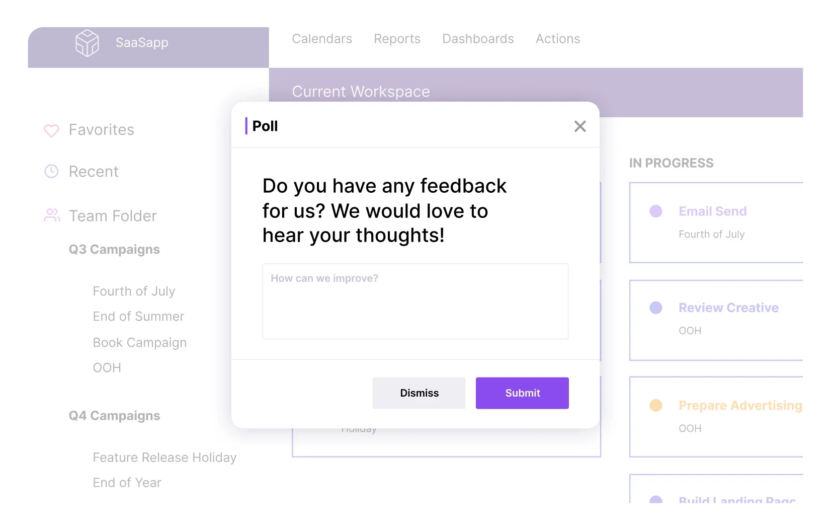 Pendo feedback poll displayed over an example SaaS workspace