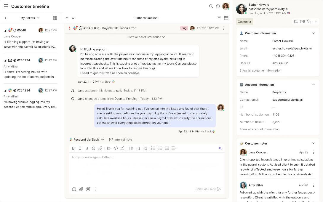 Atlas technical support workspace with customer session context