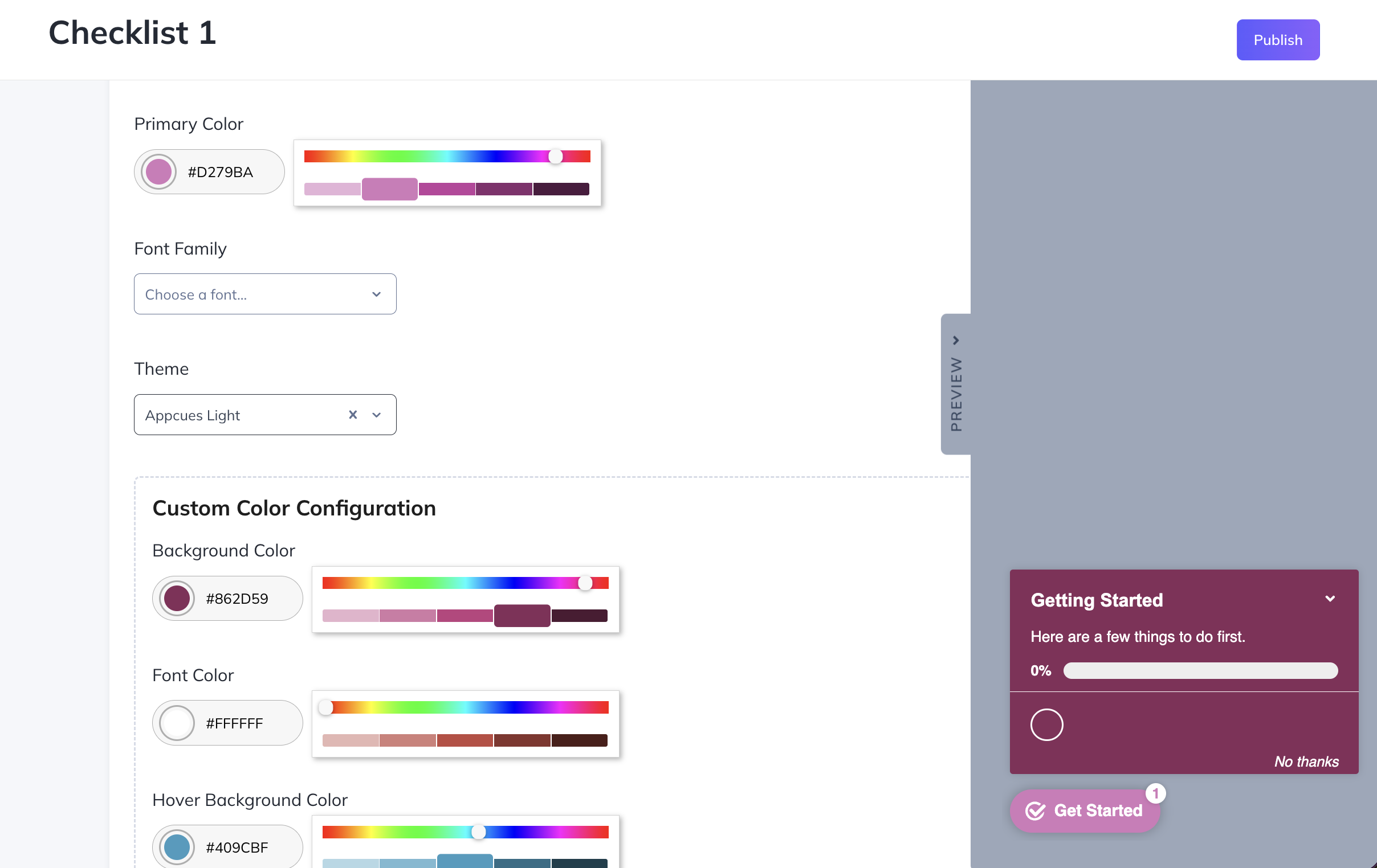 Appcues checklist editor with color controls and a live checklist preview