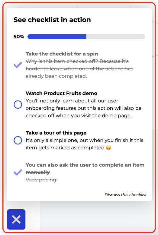 Product Fruits onboarding checklist showing progress and completed tasks