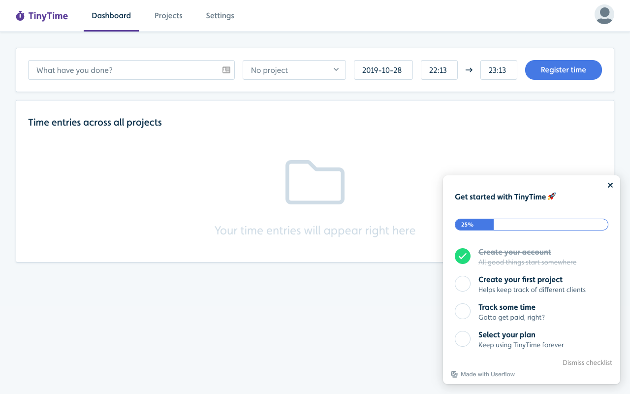 Userflow onboarding checklist displayed inside a SaaS dashboard
