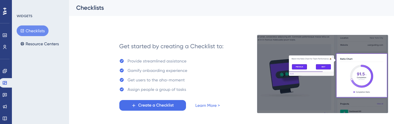 UserGuiding checklist workspace for creating a new onboarding checklist