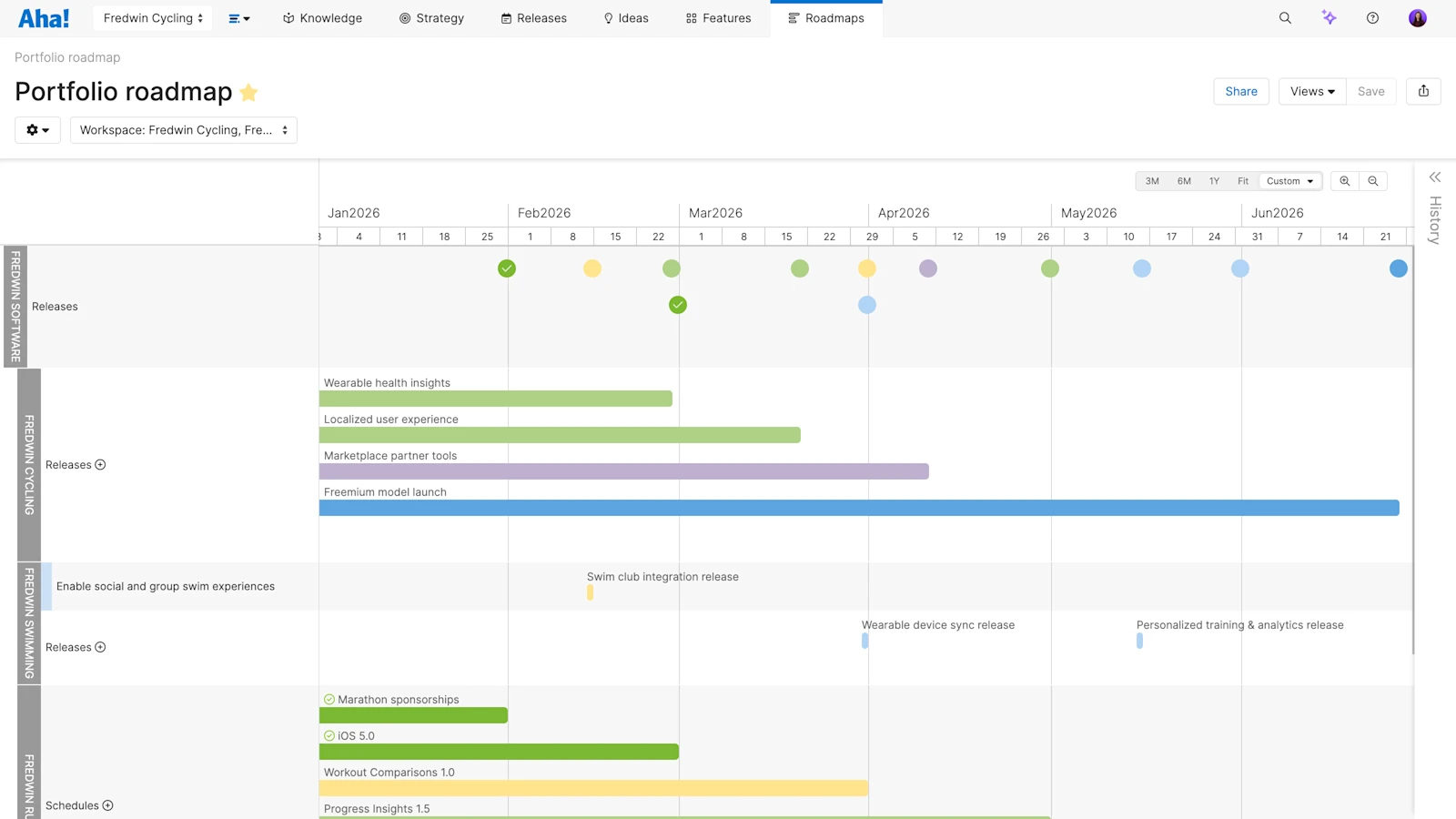 Aha! Roadmaps portfolio timeline showing releases across several products and initiatives