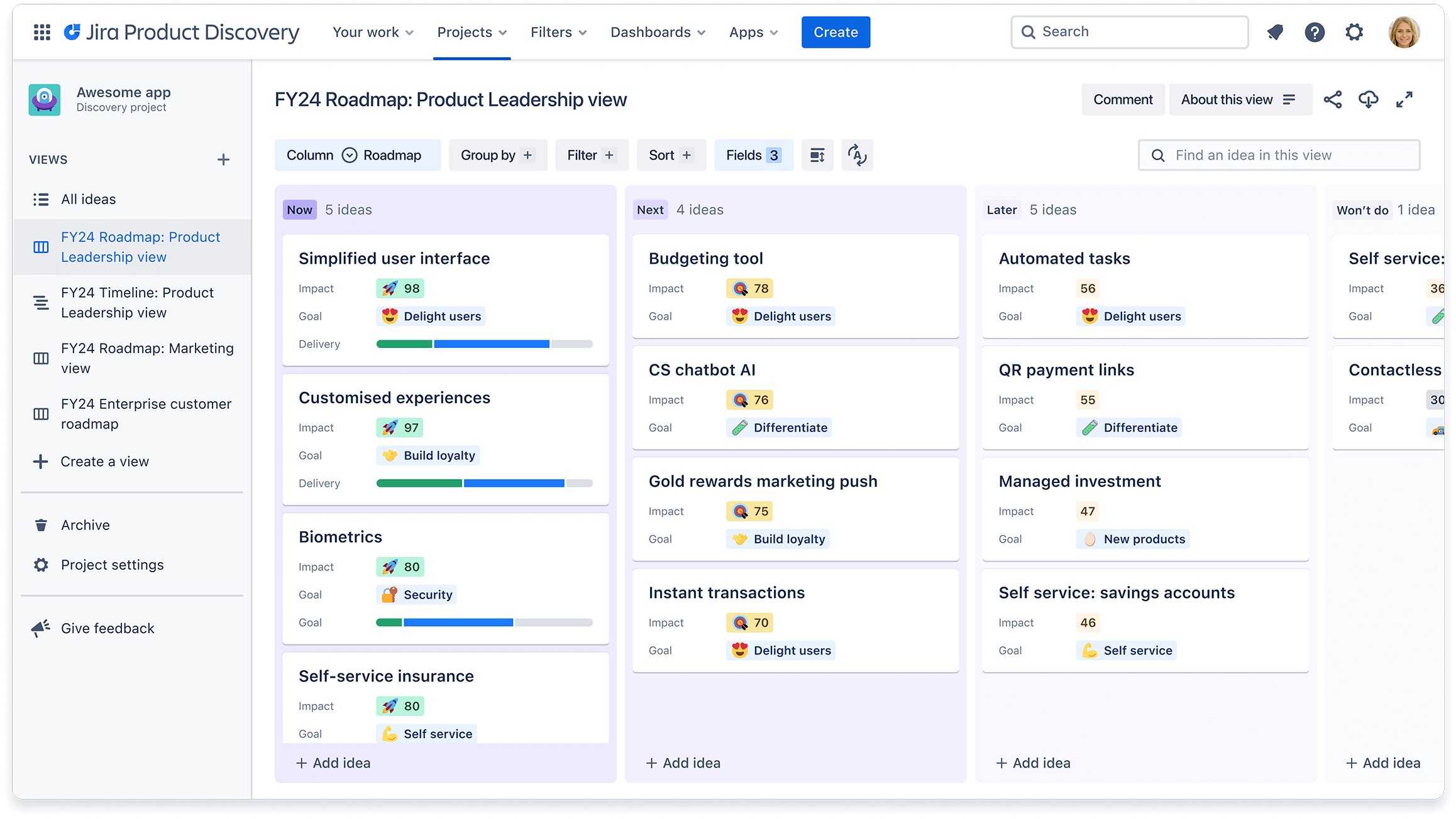 Jira Product Discovery now-next-later roadmap with impact, goals, and delivery progress