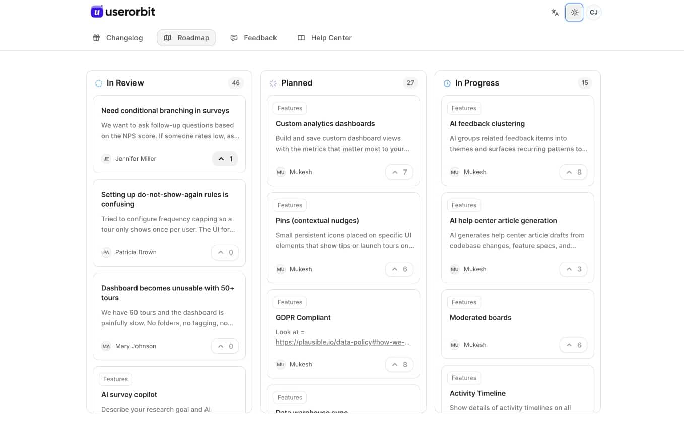Userorbit public product roadmap with items grouped under review, planned, and in progress