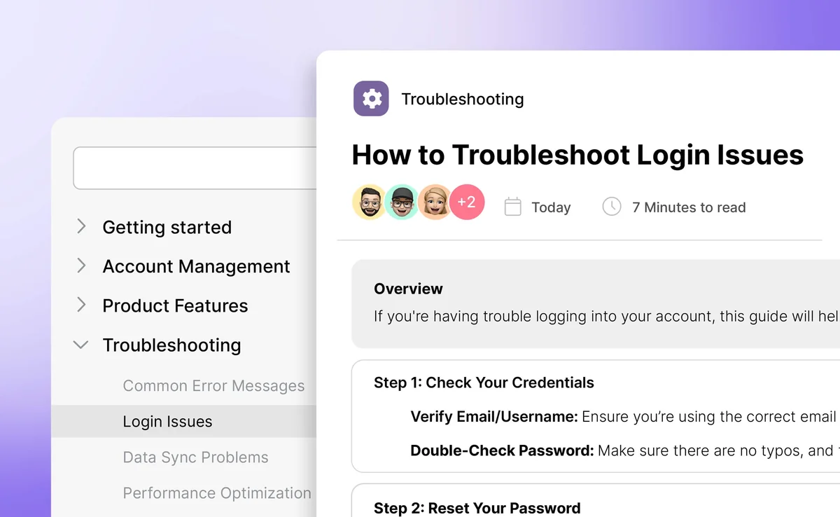 Document360 knowledge base with categories and a troubleshooting article