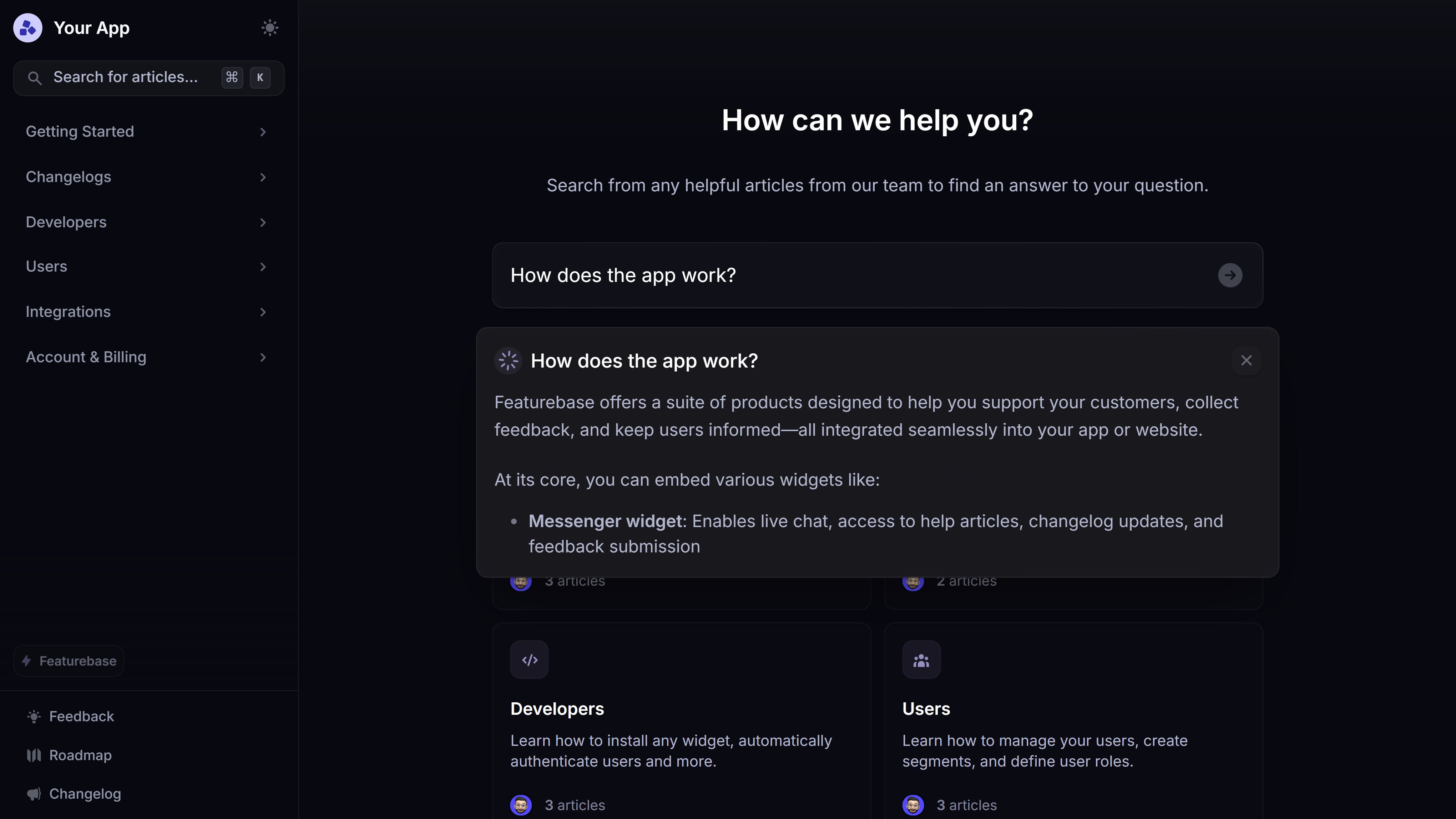 Featurebase help center with AI answer and product navigation