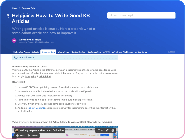 Helpjuice knowledge-base article and editor experience