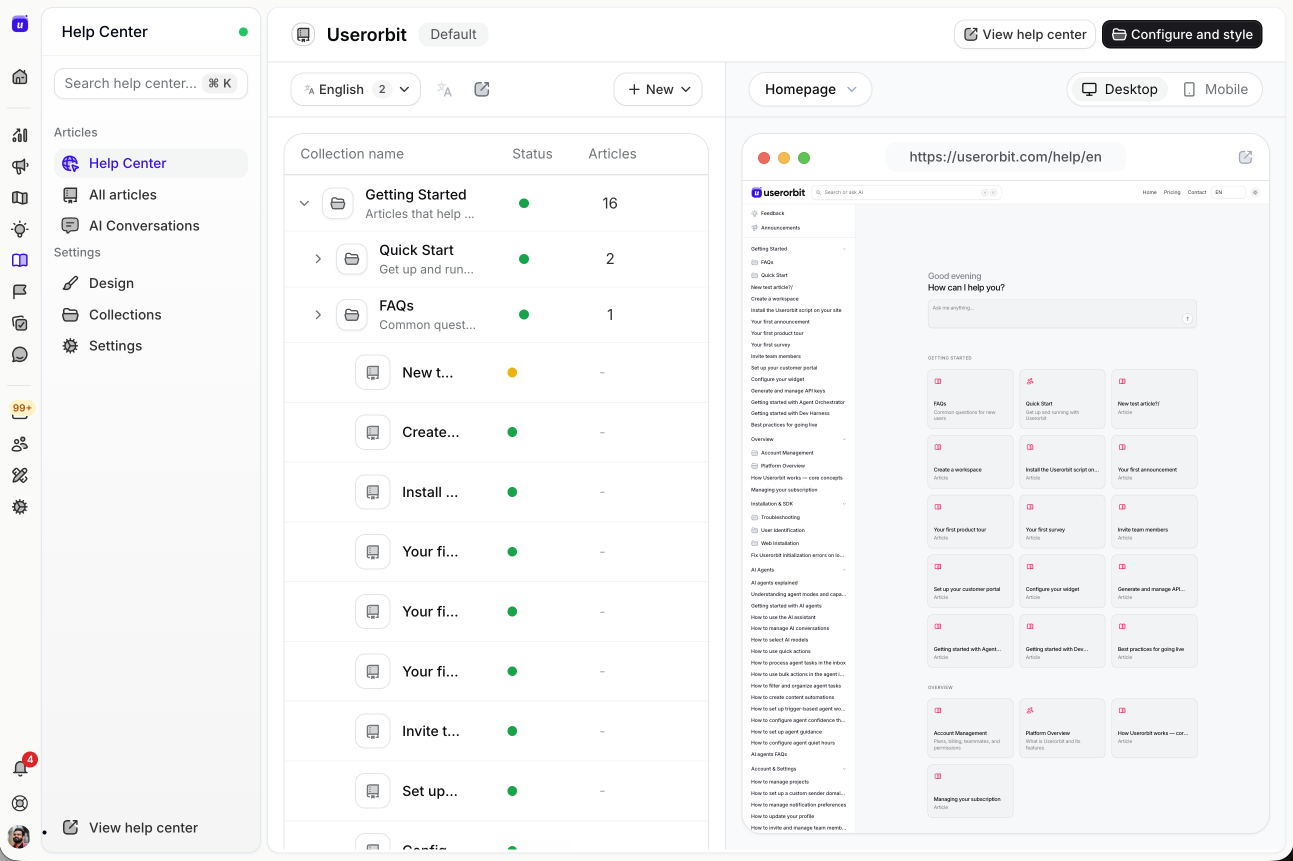 Userorbit help center editor and customer-facing preview