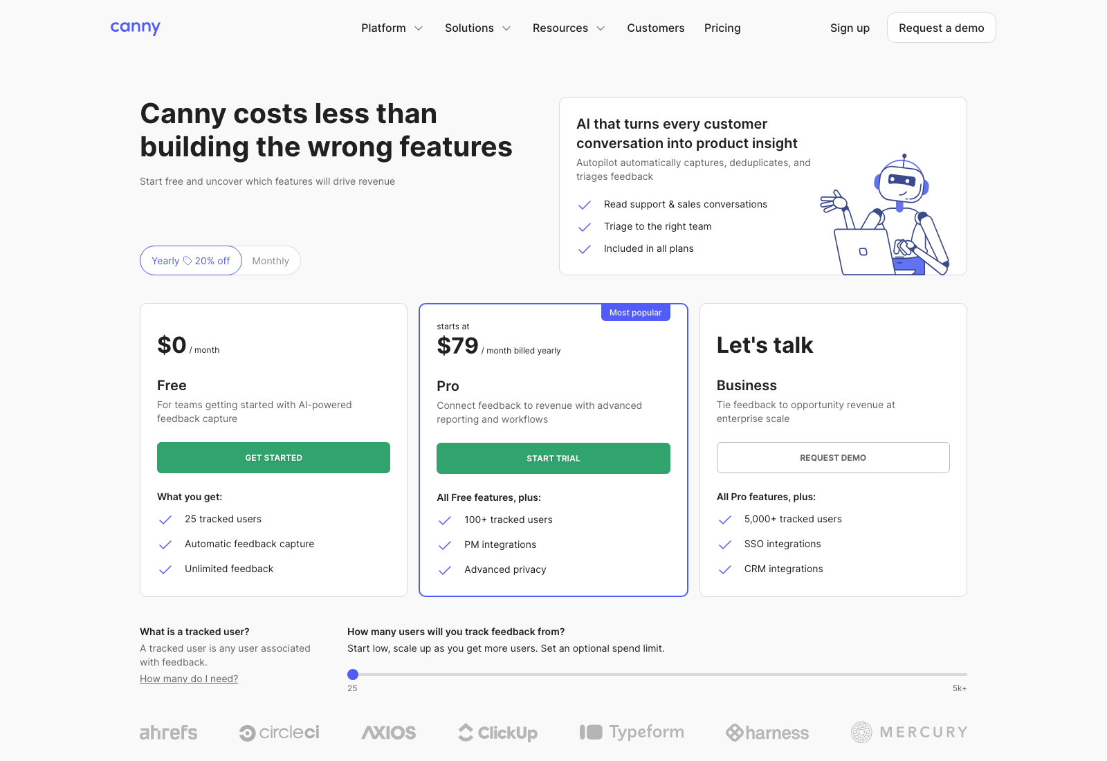 Canny pricing page showing the annual Free, Pro, and Business plan cards on August 25, 2026