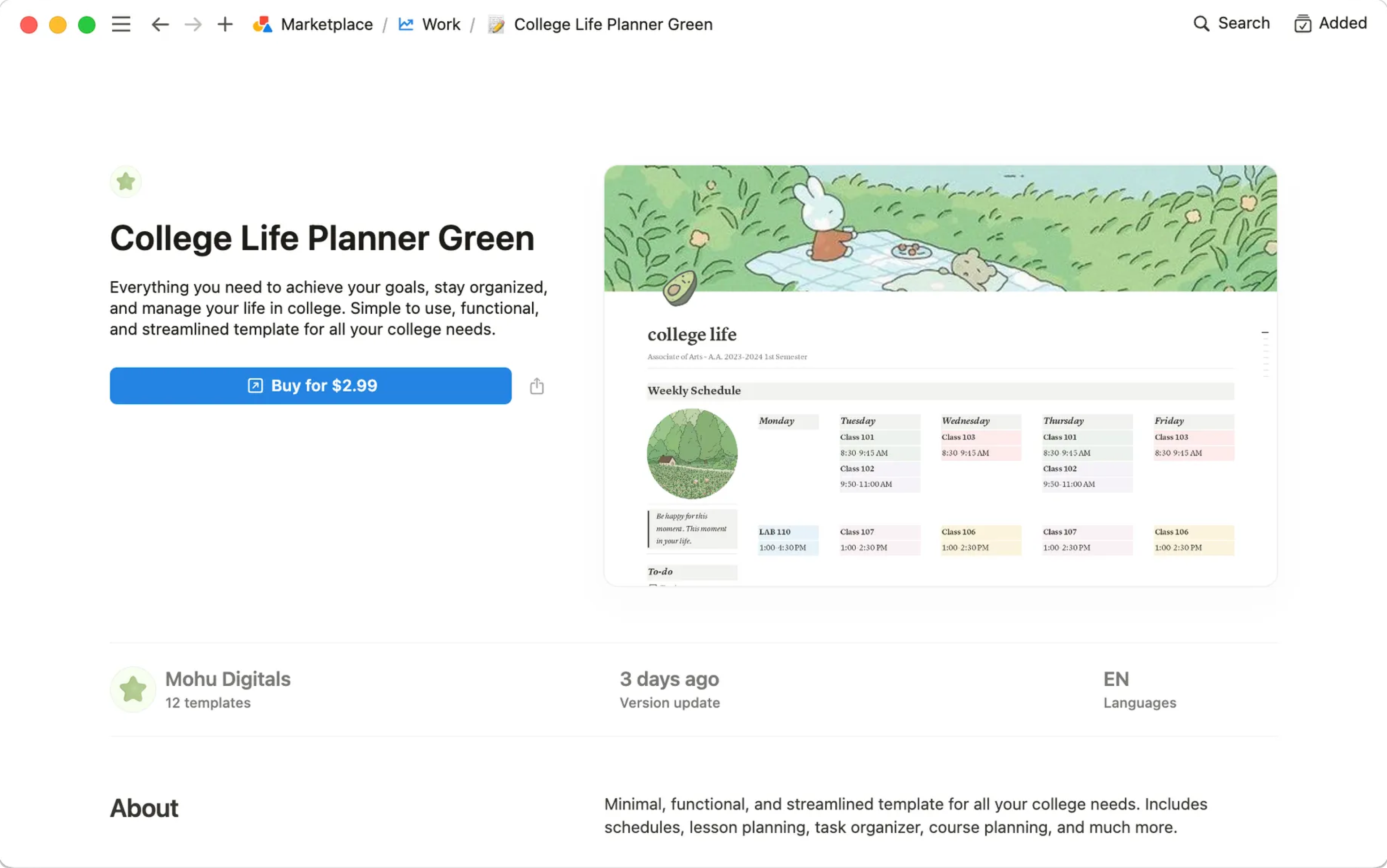 Notion Marketplace template preview with an Added state