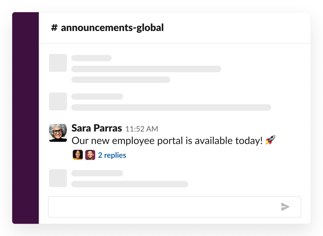 Slack announcements channel containing a launch message and replies