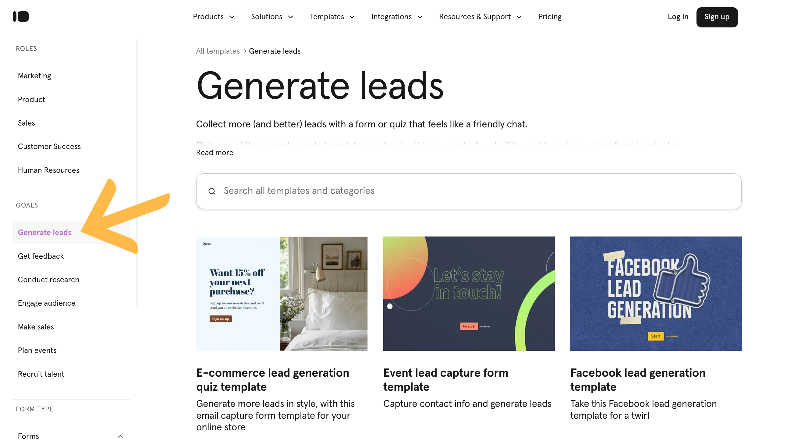 Typeform's template gallery filtered to the Generate leads goal