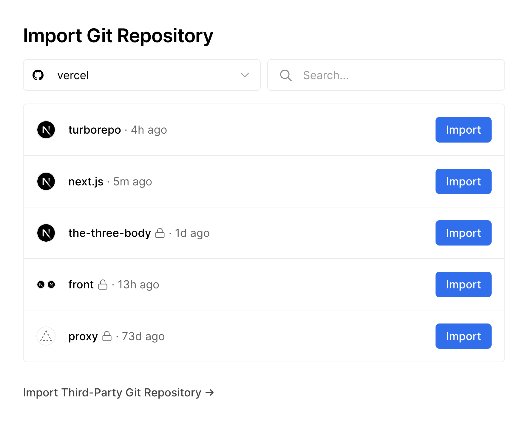 Vercel's Import Git Repository screen listing repositories with Import buttons