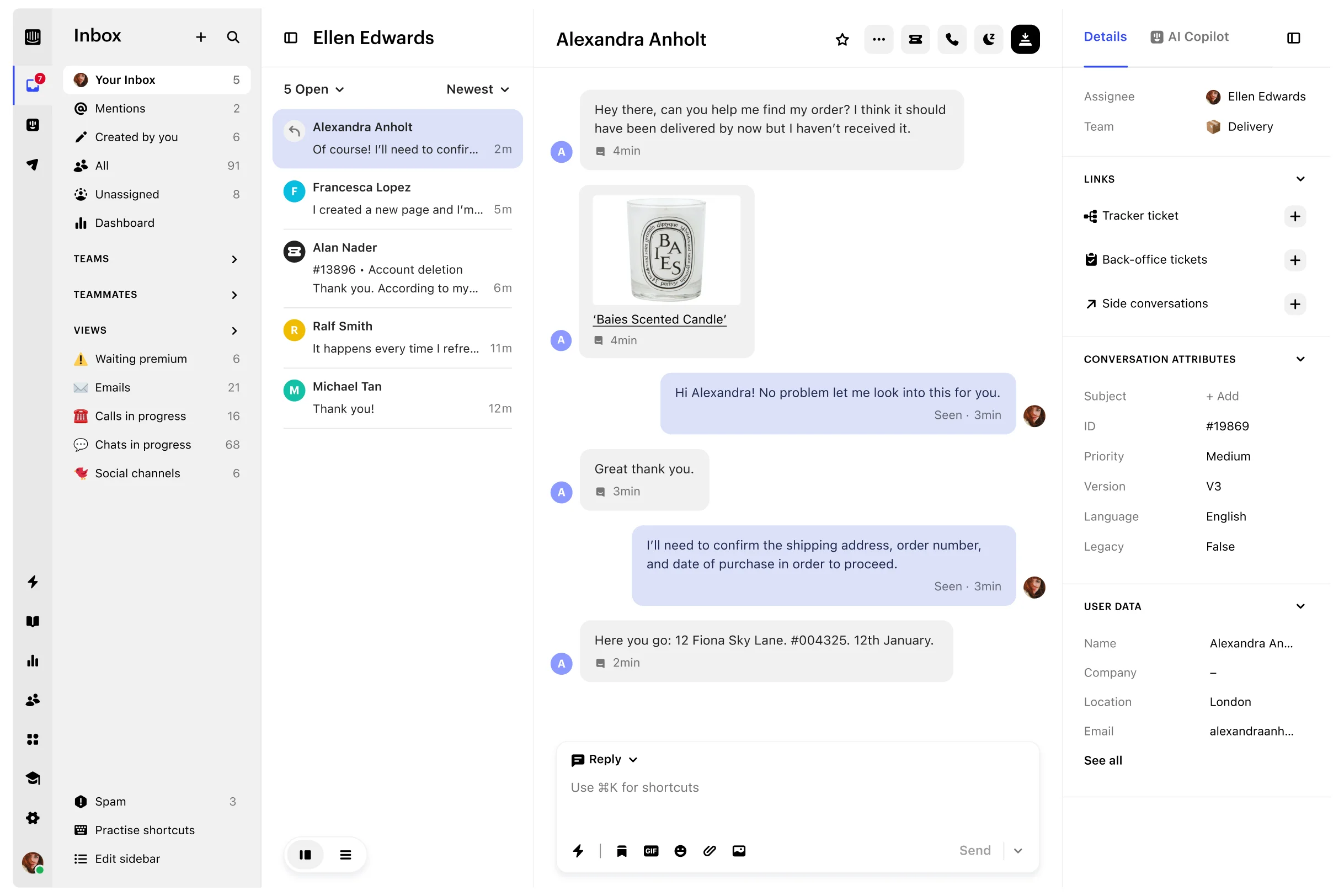 Official Intercom Inbox product view showing queues, conversation, composer, and customer details
