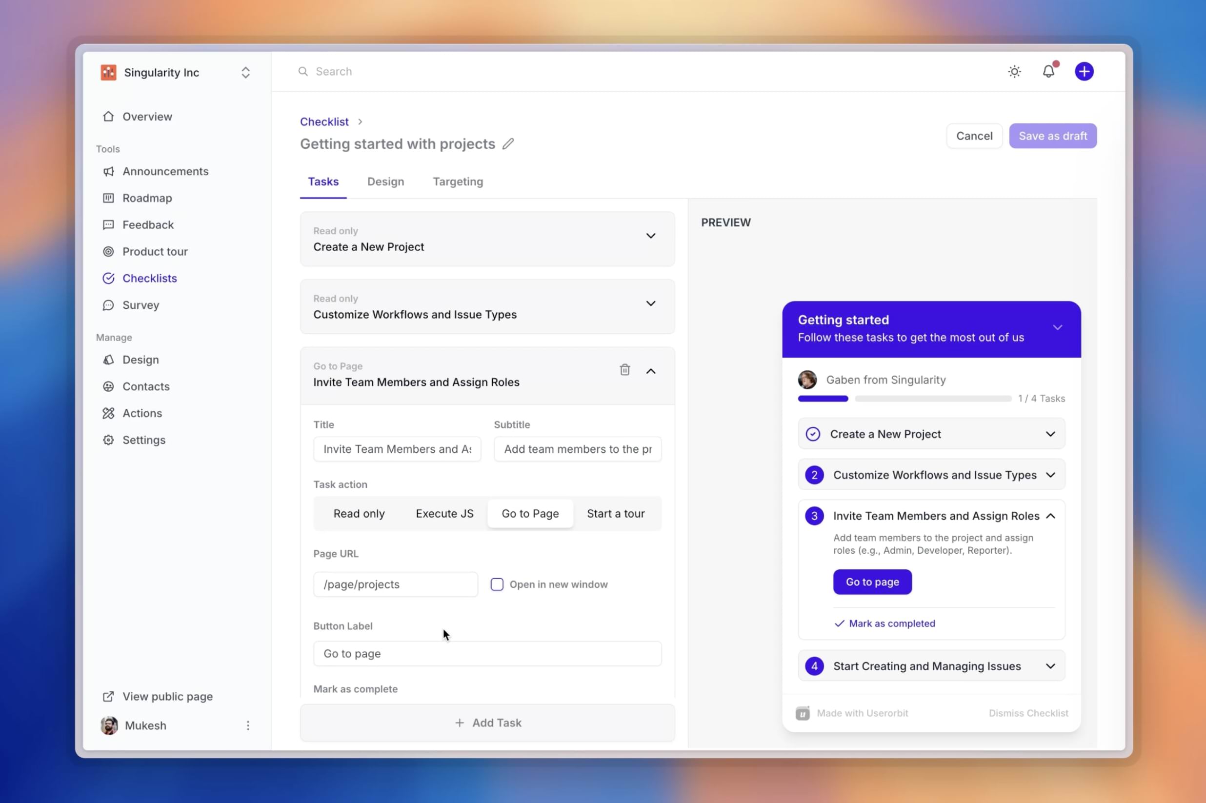 Userorbit checklist editor with a live in-product preview