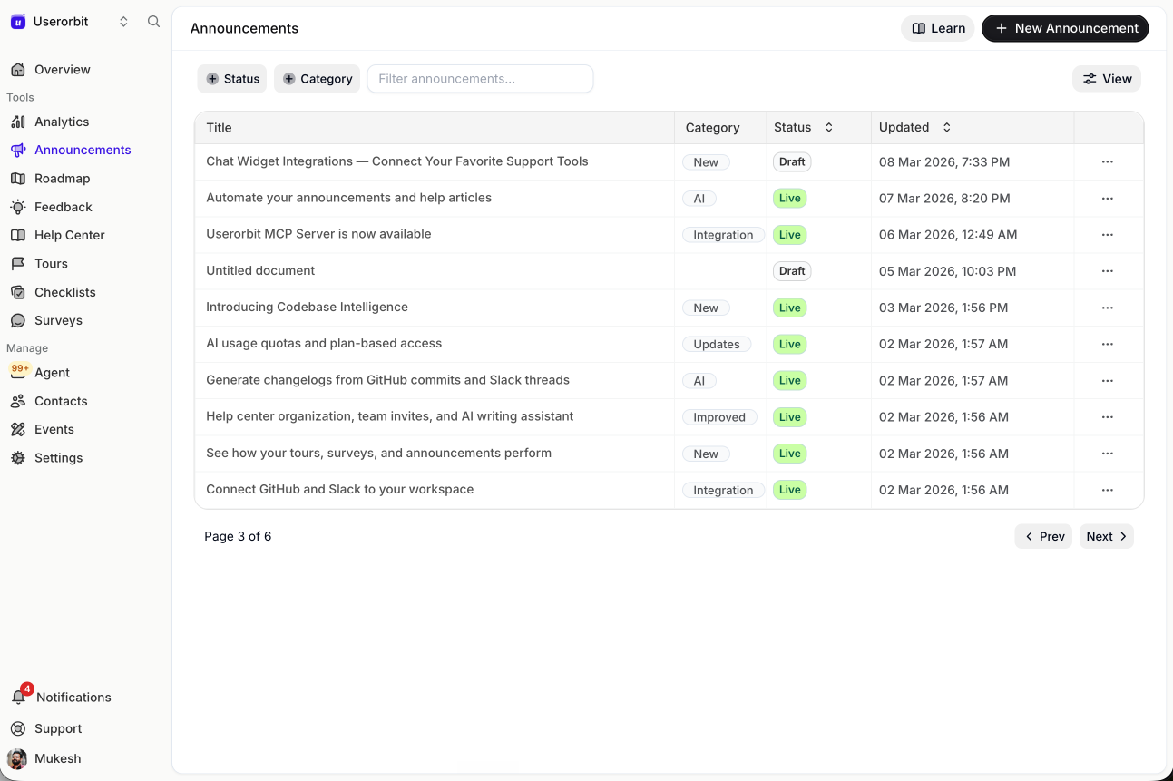 Userorbit announcements workspace showing draft and live product updates