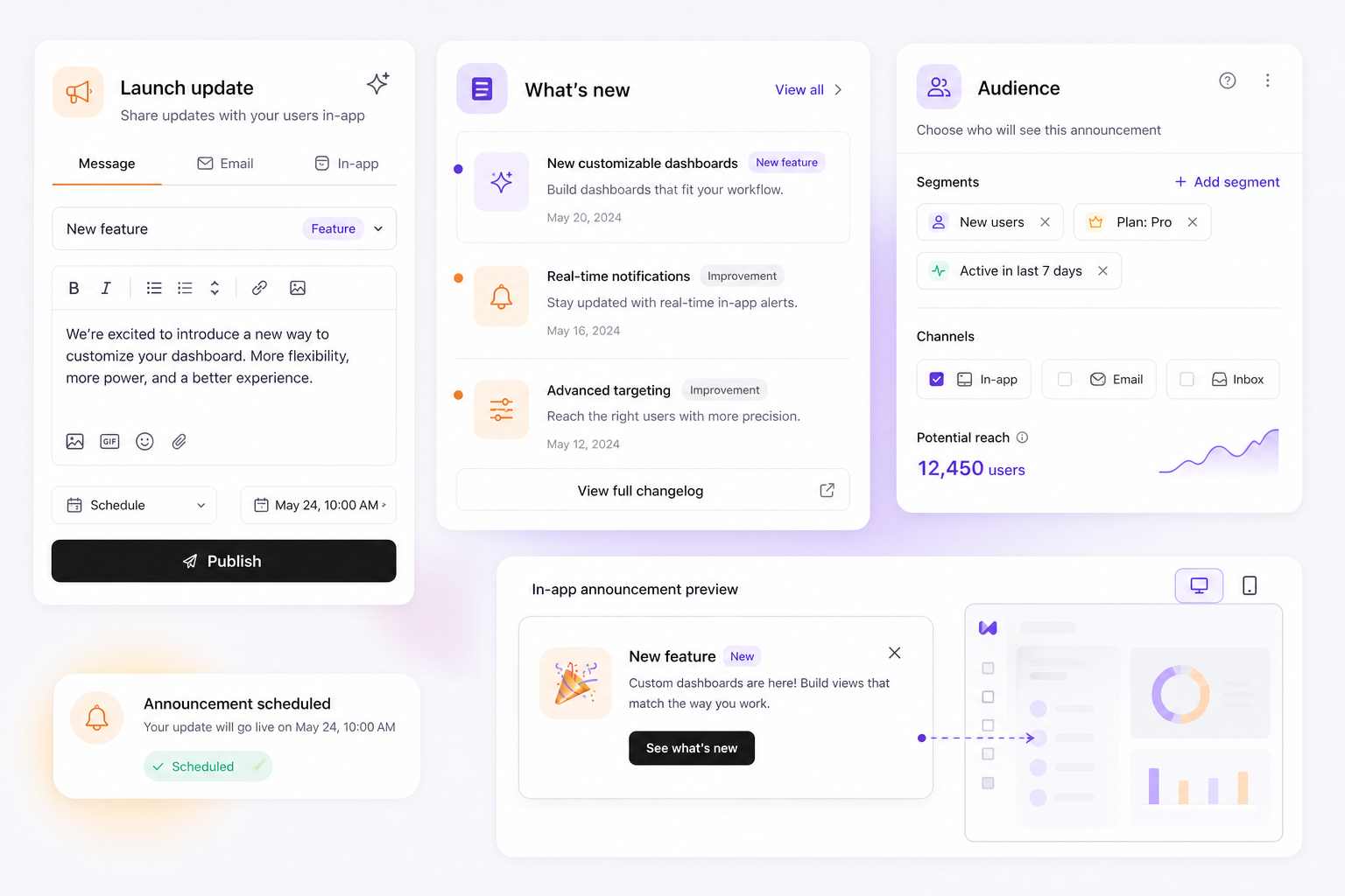 Illustration of announcements, changelog updates, email, and audience targeting