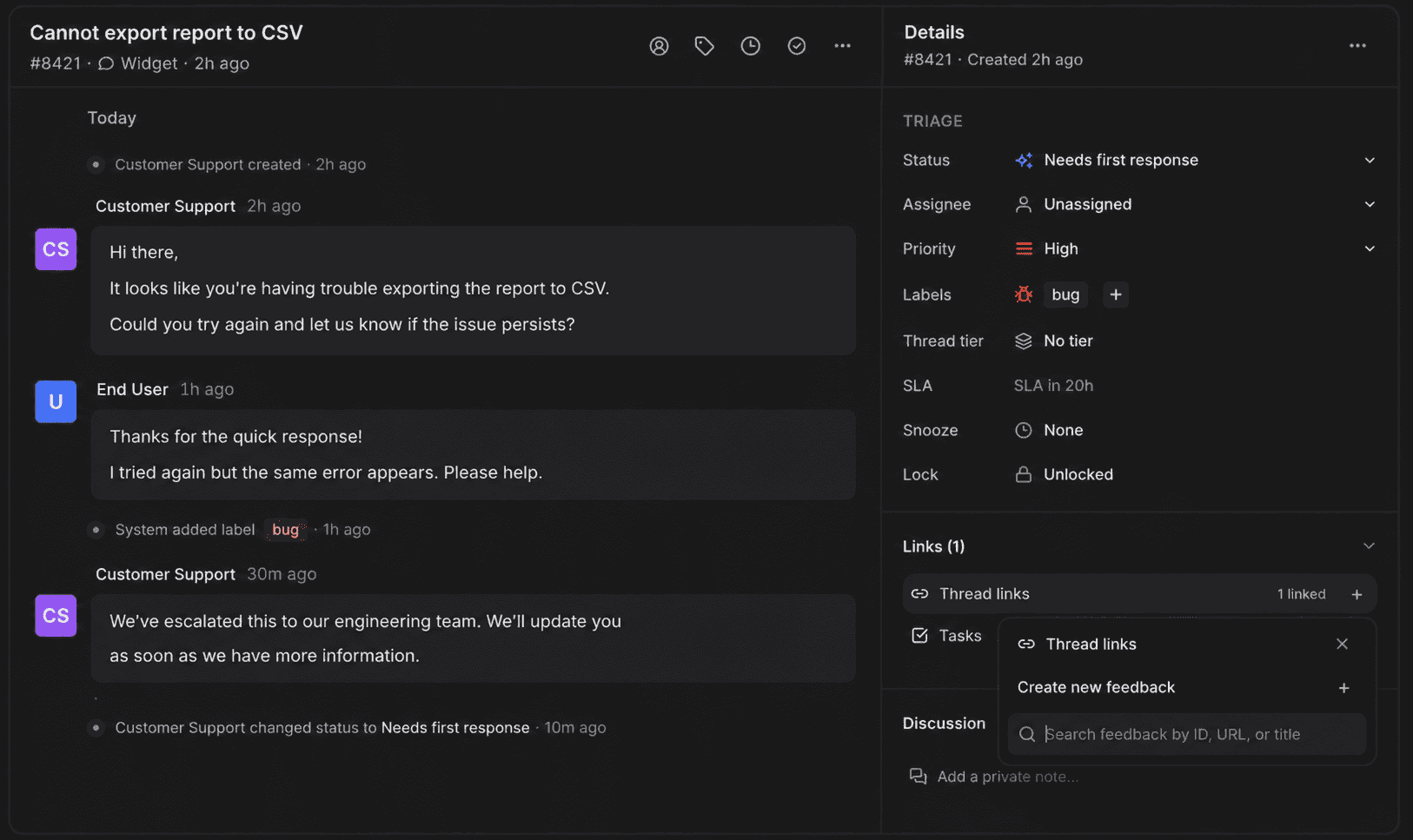 Userorbit support thread linking a customer conversation to product feedback
