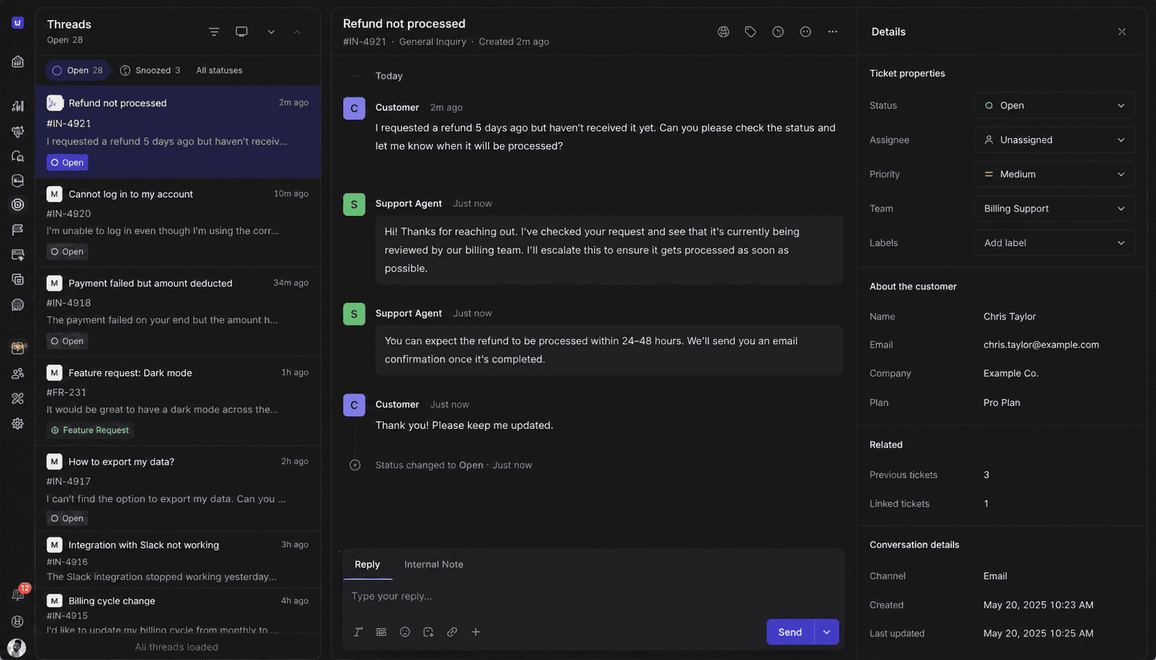 Userorbit support thread with triage details, status, assignee, and reply composer