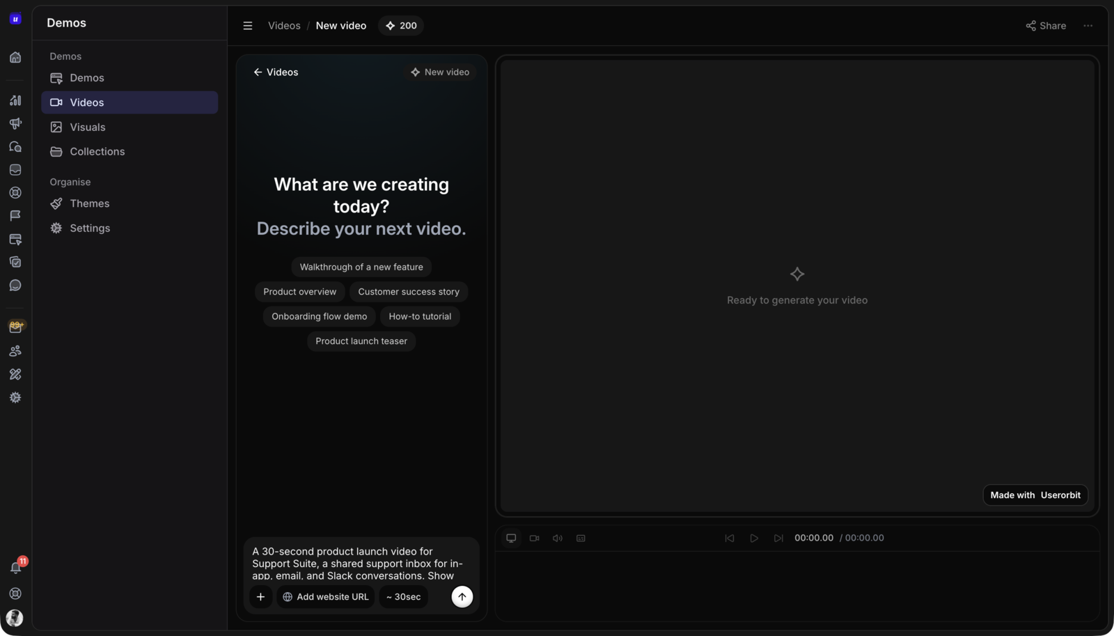 Userorbit demo video creation screen with a prompt, template chips, and target length