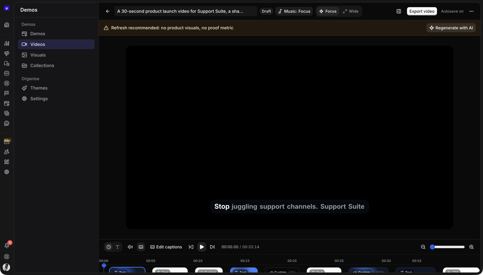 Userorbit demo video editor with caption overlay, timeline scenes, and export button